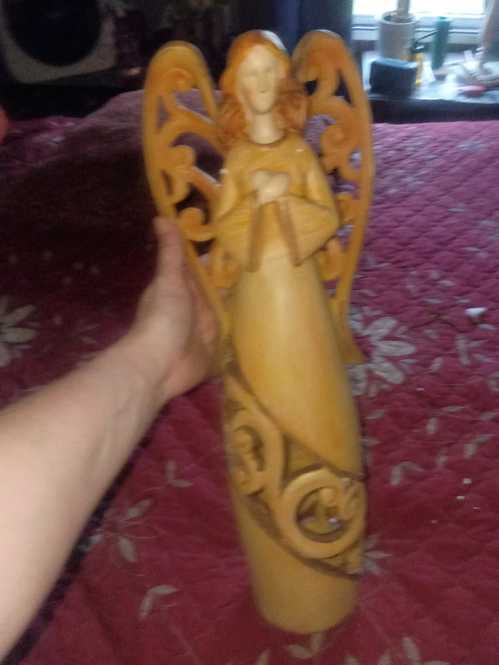 Carved Wooden Angel Figurine in Warm Honey Brown